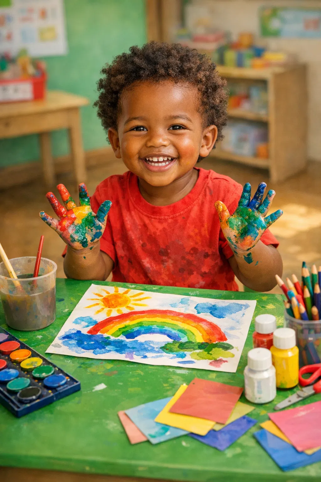 Child painting a rainbow