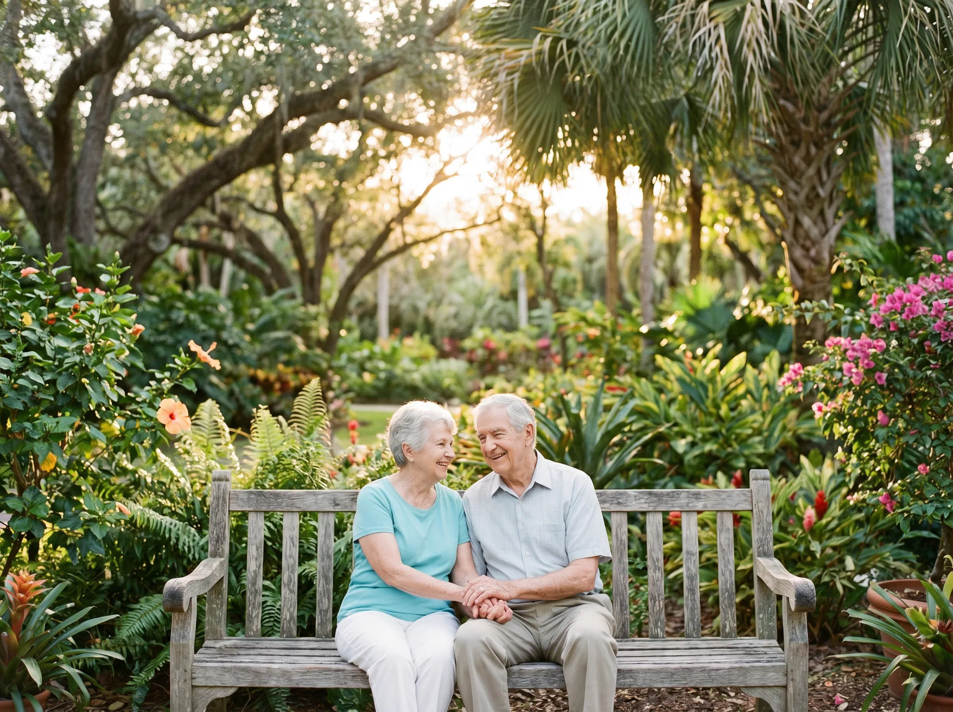 Peaceful elderly couple in a Florida garden representing burial coverage peace of mind