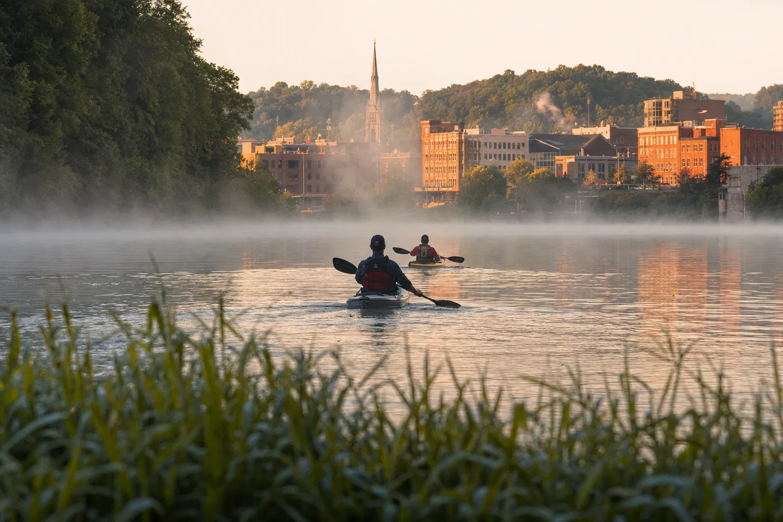 Kayakers on the Iron Furnace River at sunrise
