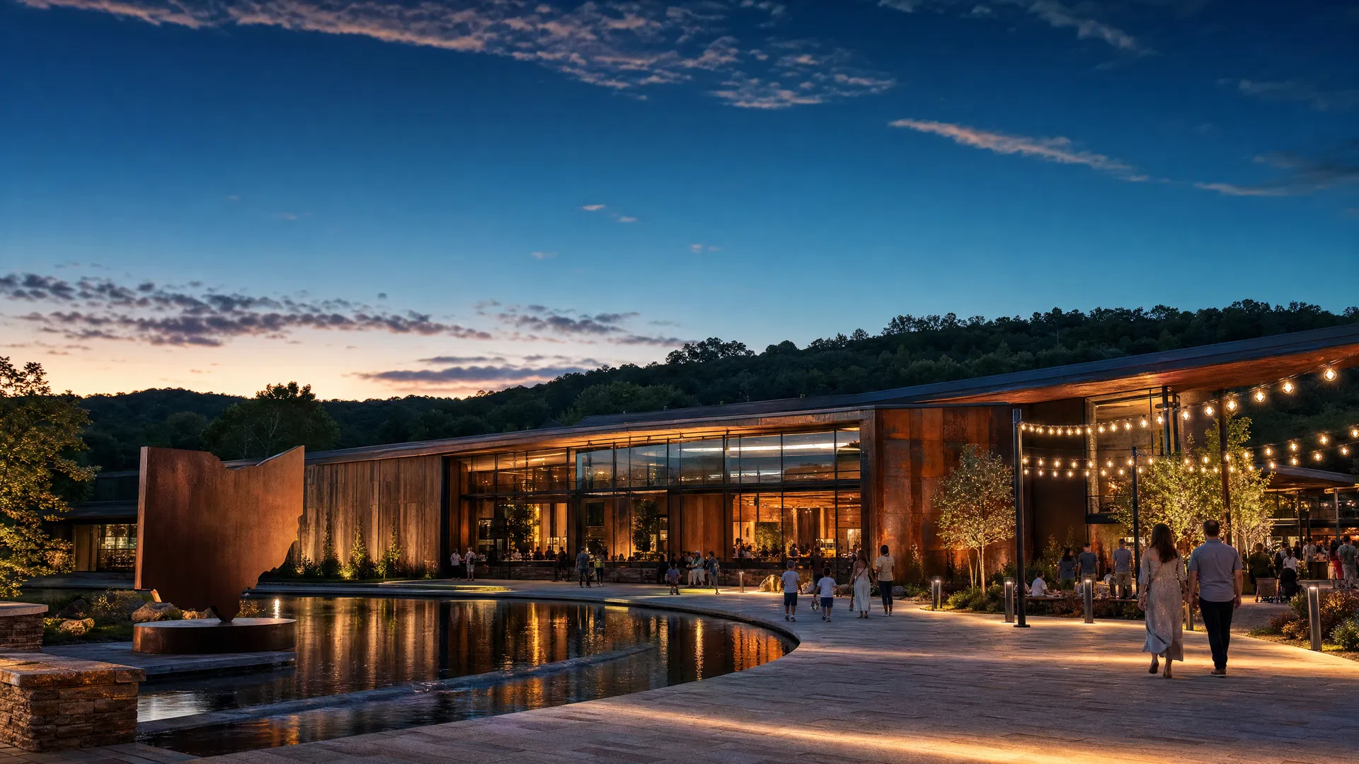 The Ohio Experience cultural campus at twilight