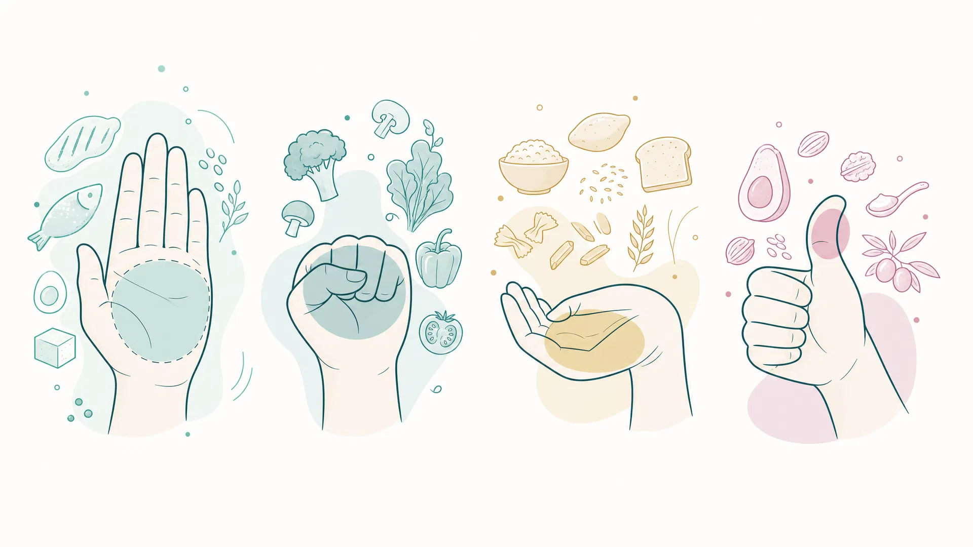 Minimal hand portion illustration showing palm, fist, cupped hand, and thumb portions