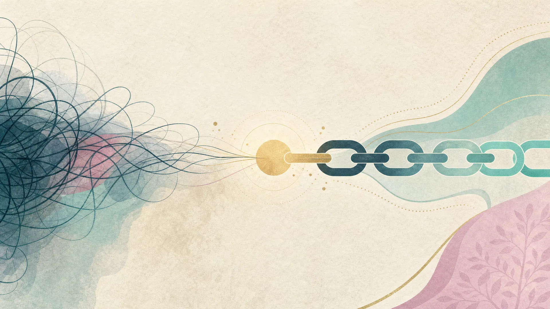 Abstract chain-link pathway from tangled habits to clear repeated actions