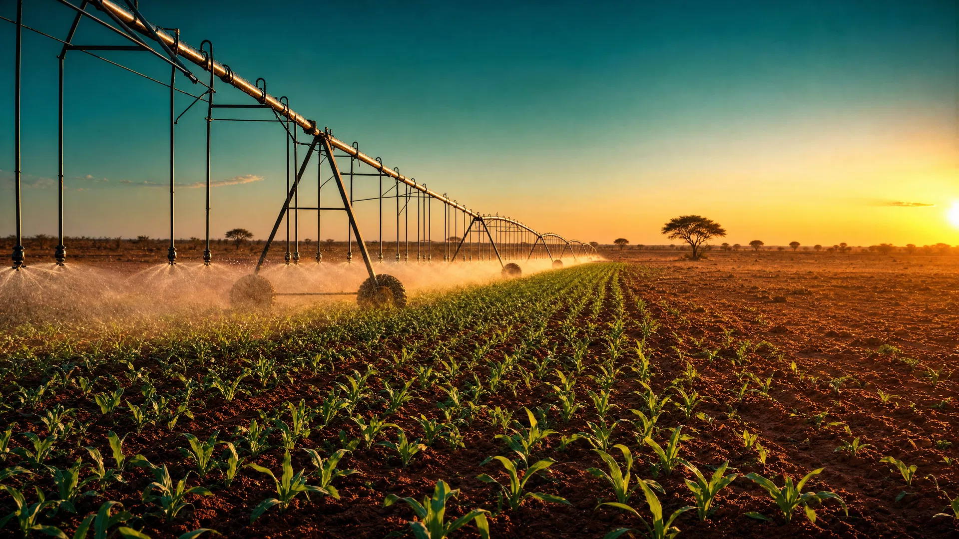 Center-pivot irrigation over a Sahelian sesame and sorghum seedling field at sunrise