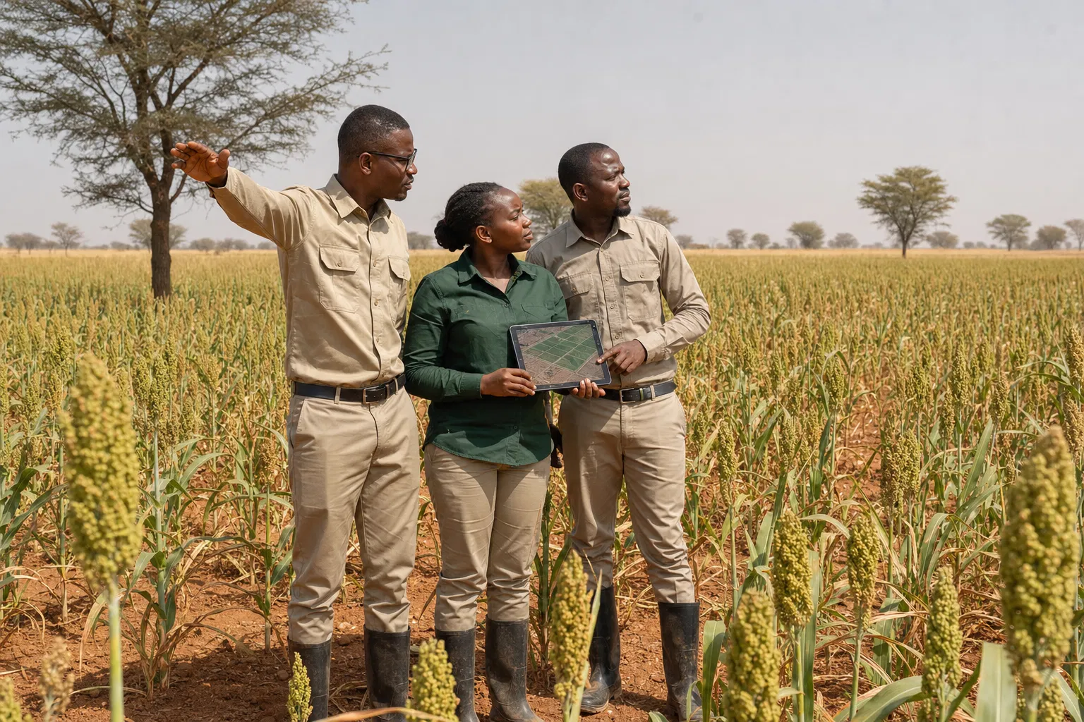 ADAB agronomists discussing GIS plot data in a maize field