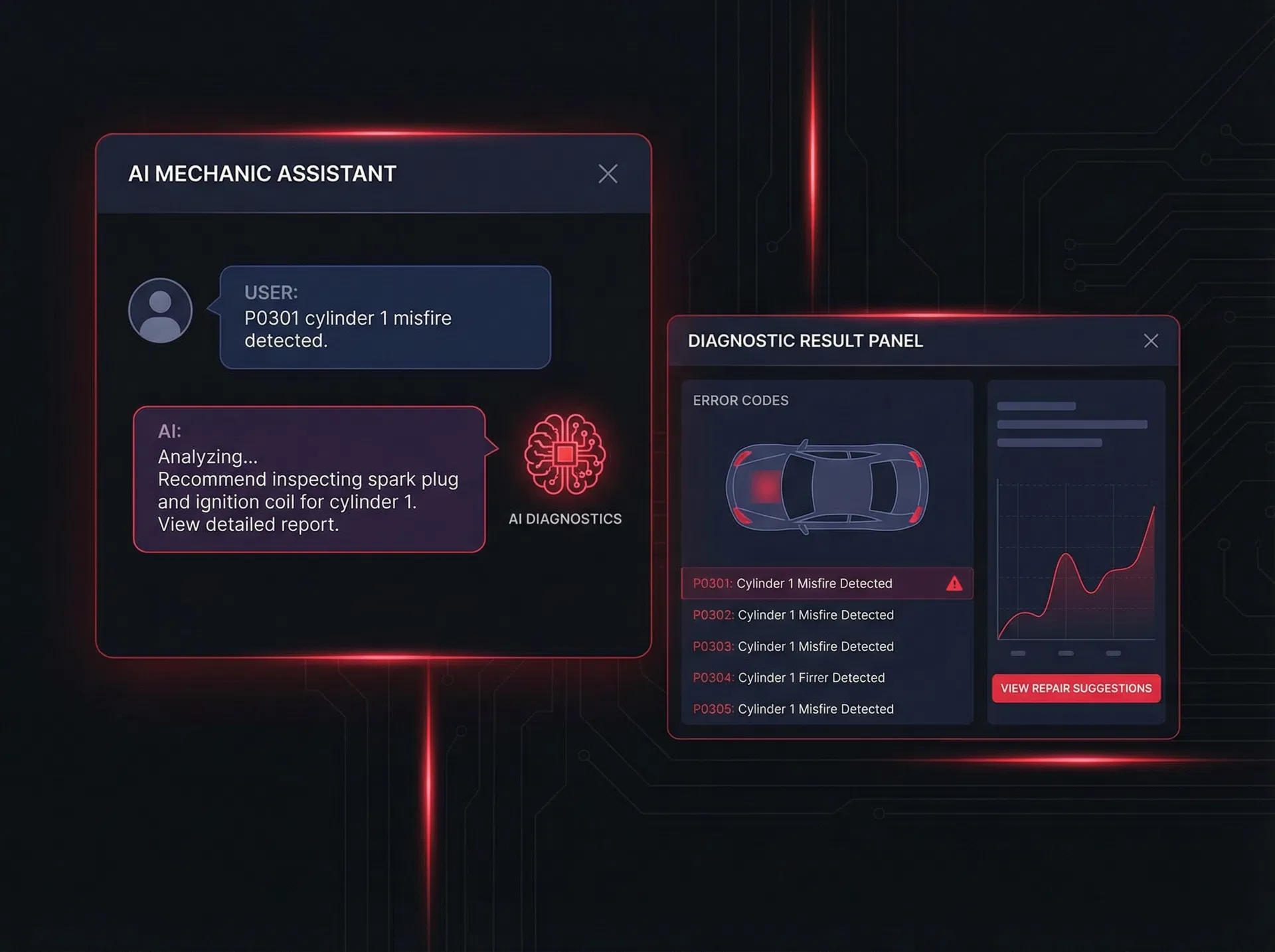 MGX Tech Assist diagnostic interface showing repair suggestions