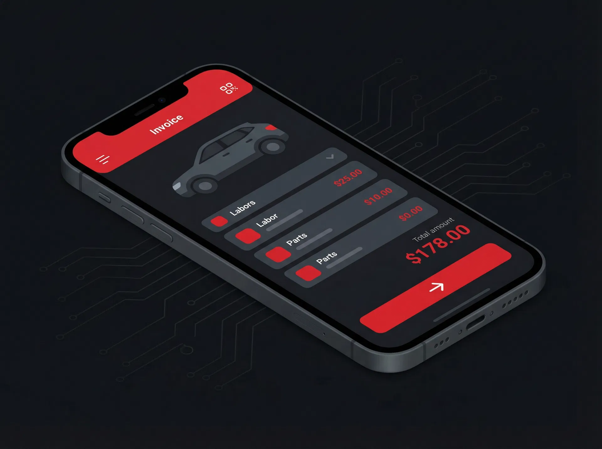 MGX Garage invoice screen on a mobile phone