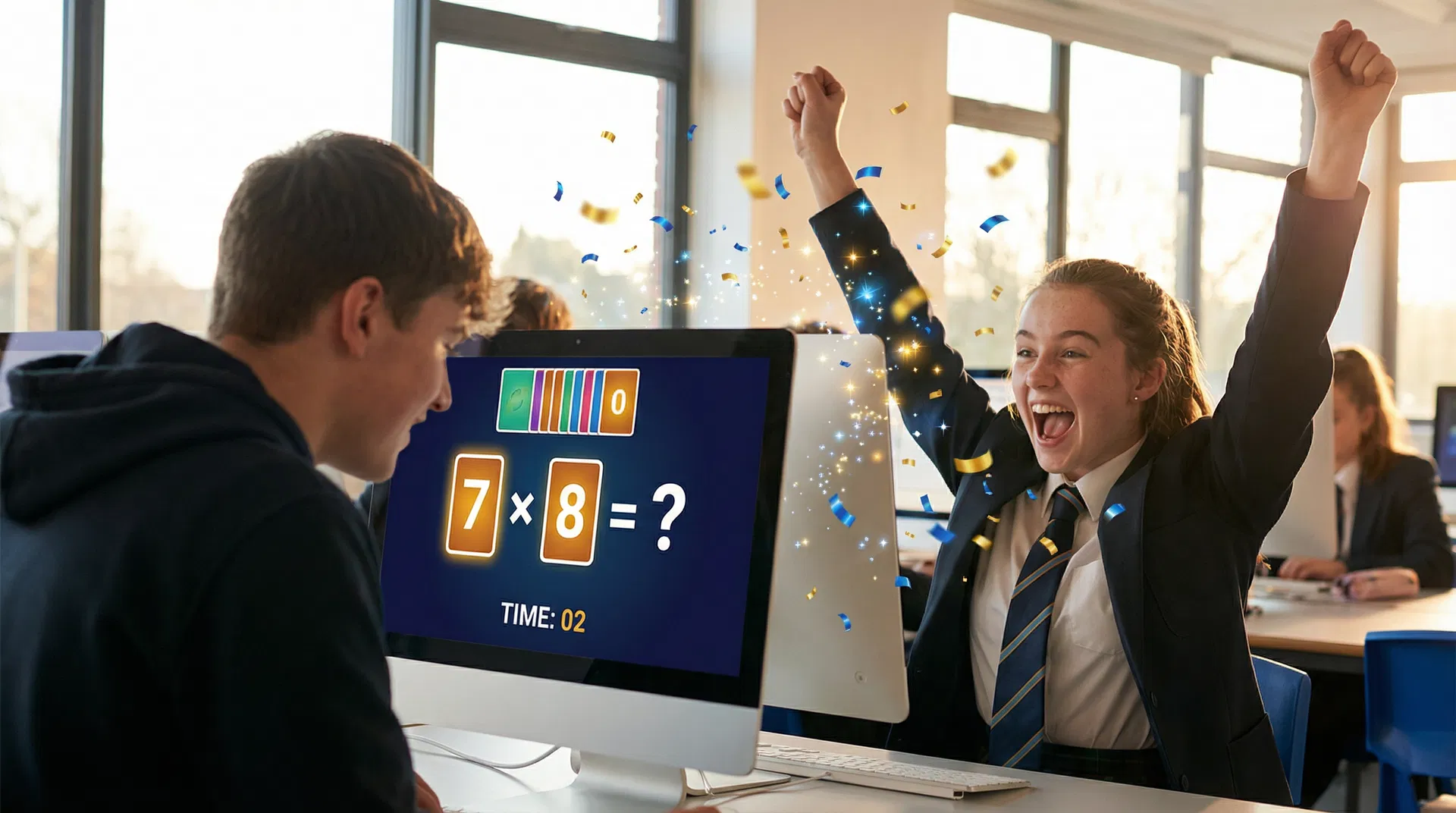 Two students playing SEBA Snap! multiplication - female student cheering after beating the clock
