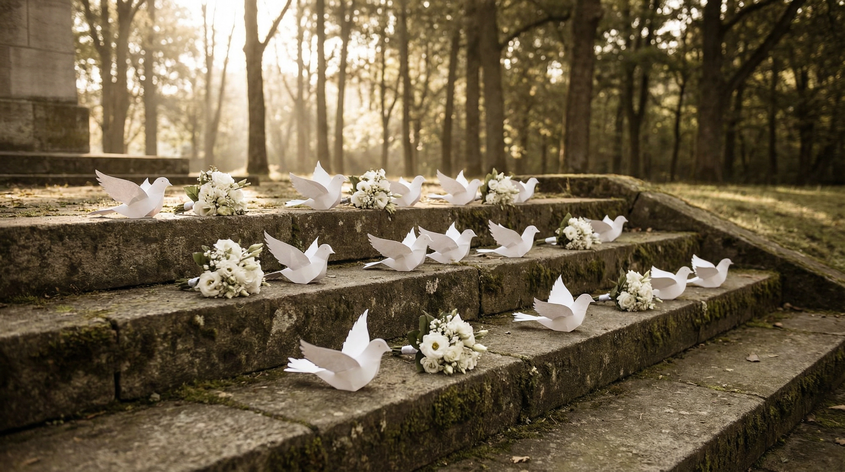 Memorial — white doves and flowers on stone steps