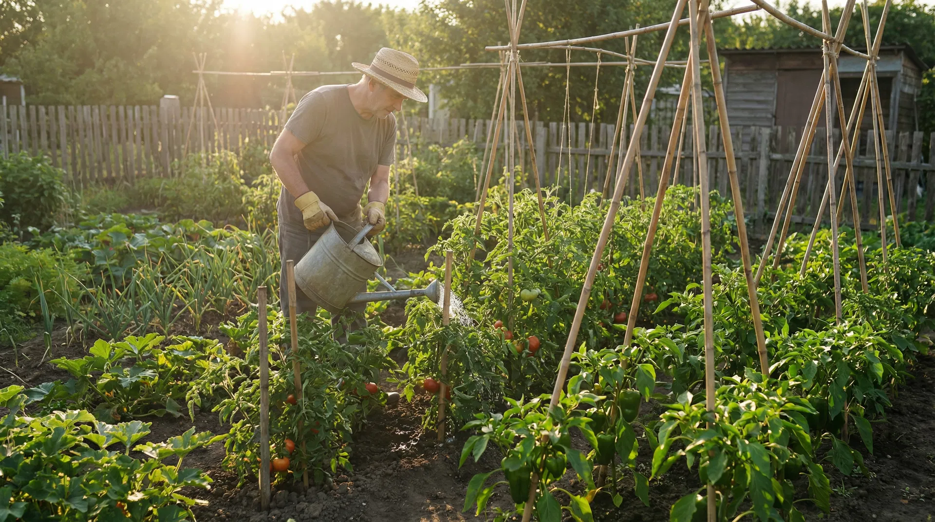 Hortelano regando plantas de tomate con tutores de caña en el huerto