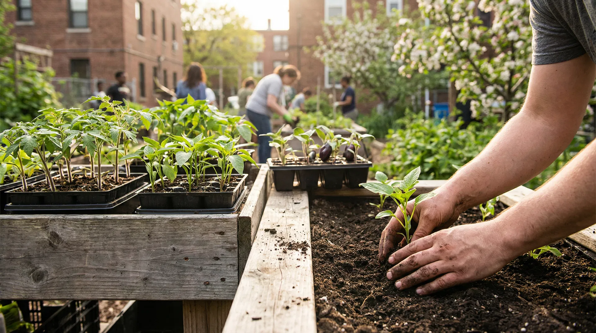 Semilleros de tomates, pimientos y berenjenas en el huerto de abril