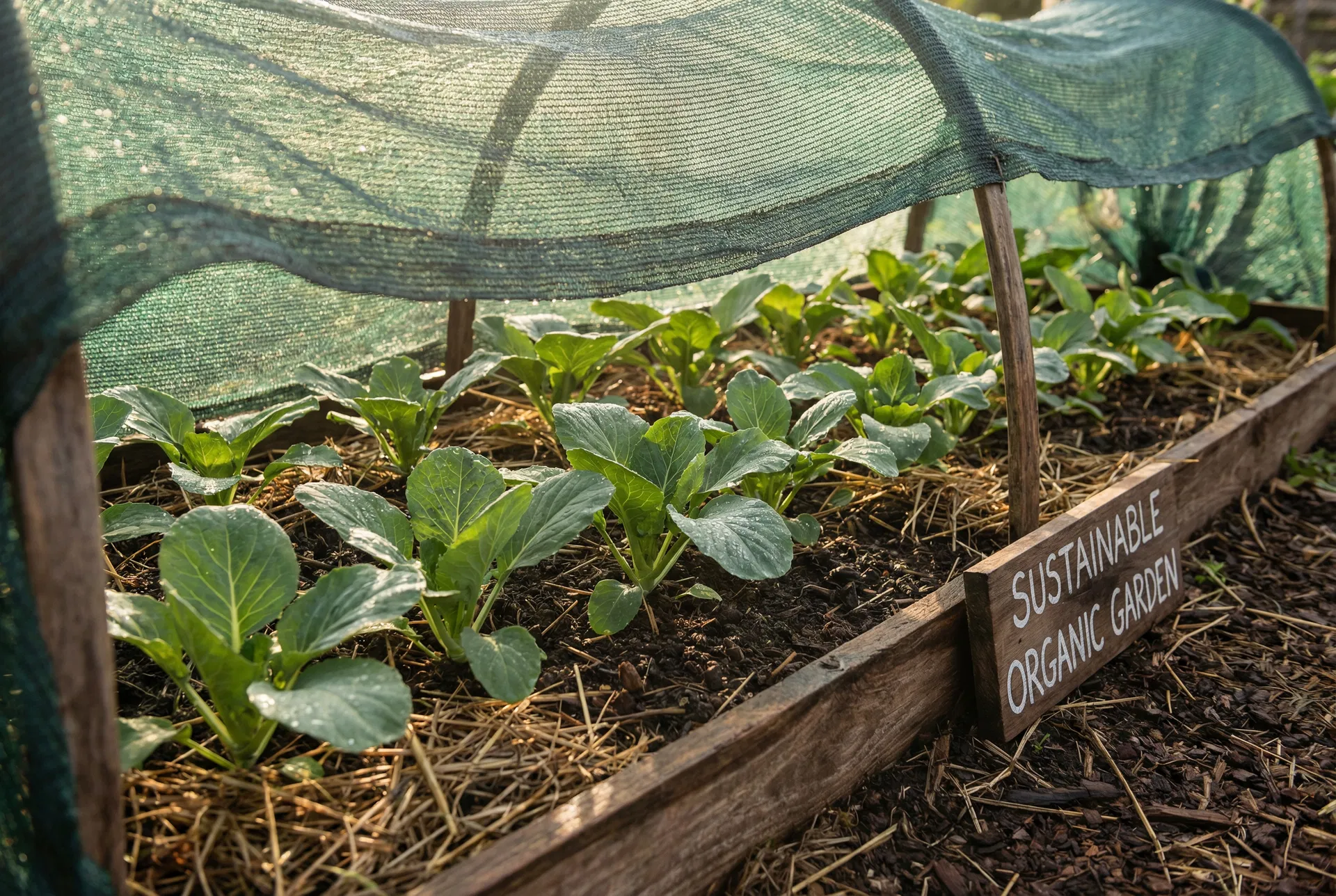 Plantas jóvenes bajo una malla sombra en huerto ecológico
