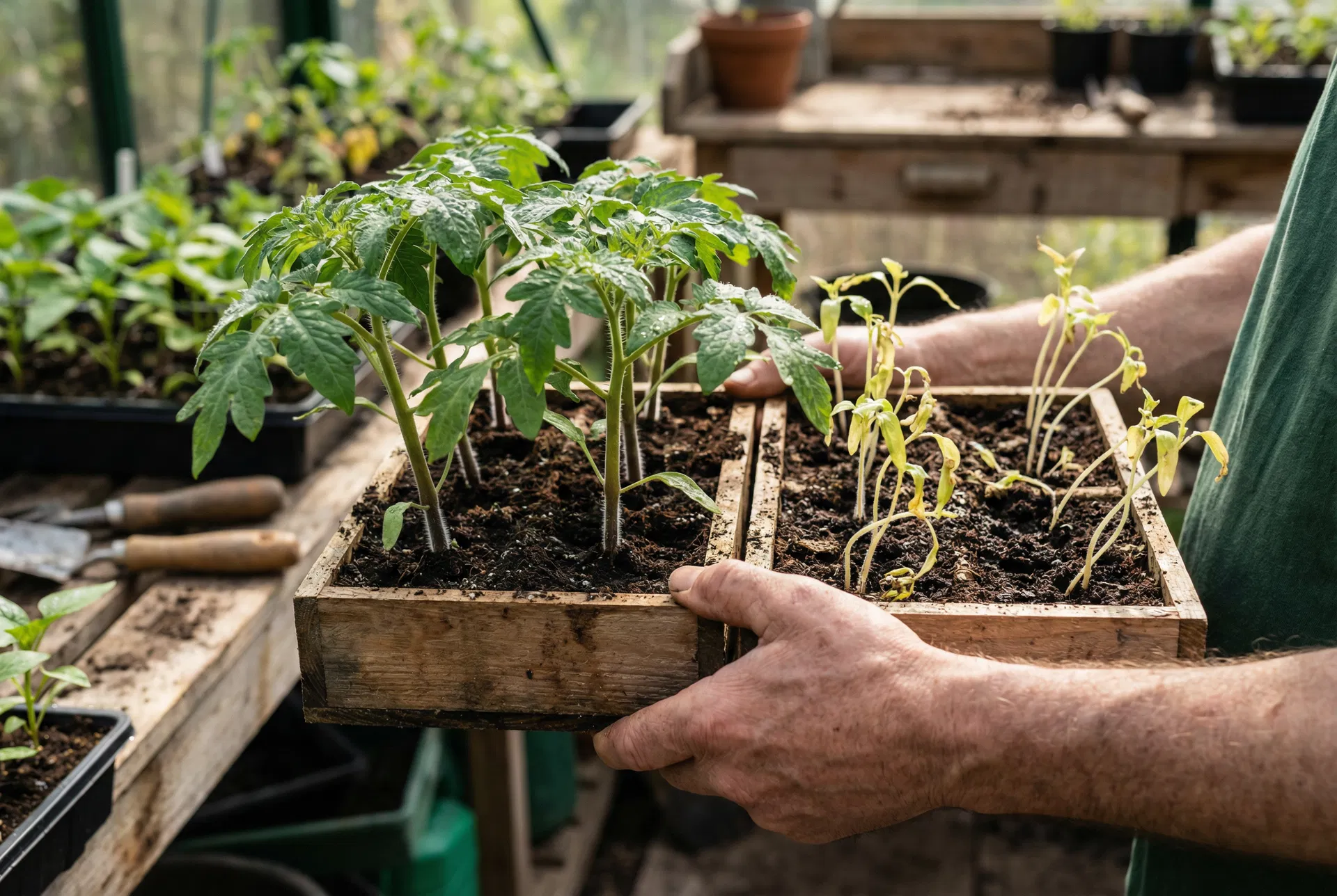 Manos de agricultor sosteniendo bandejas de plántulas