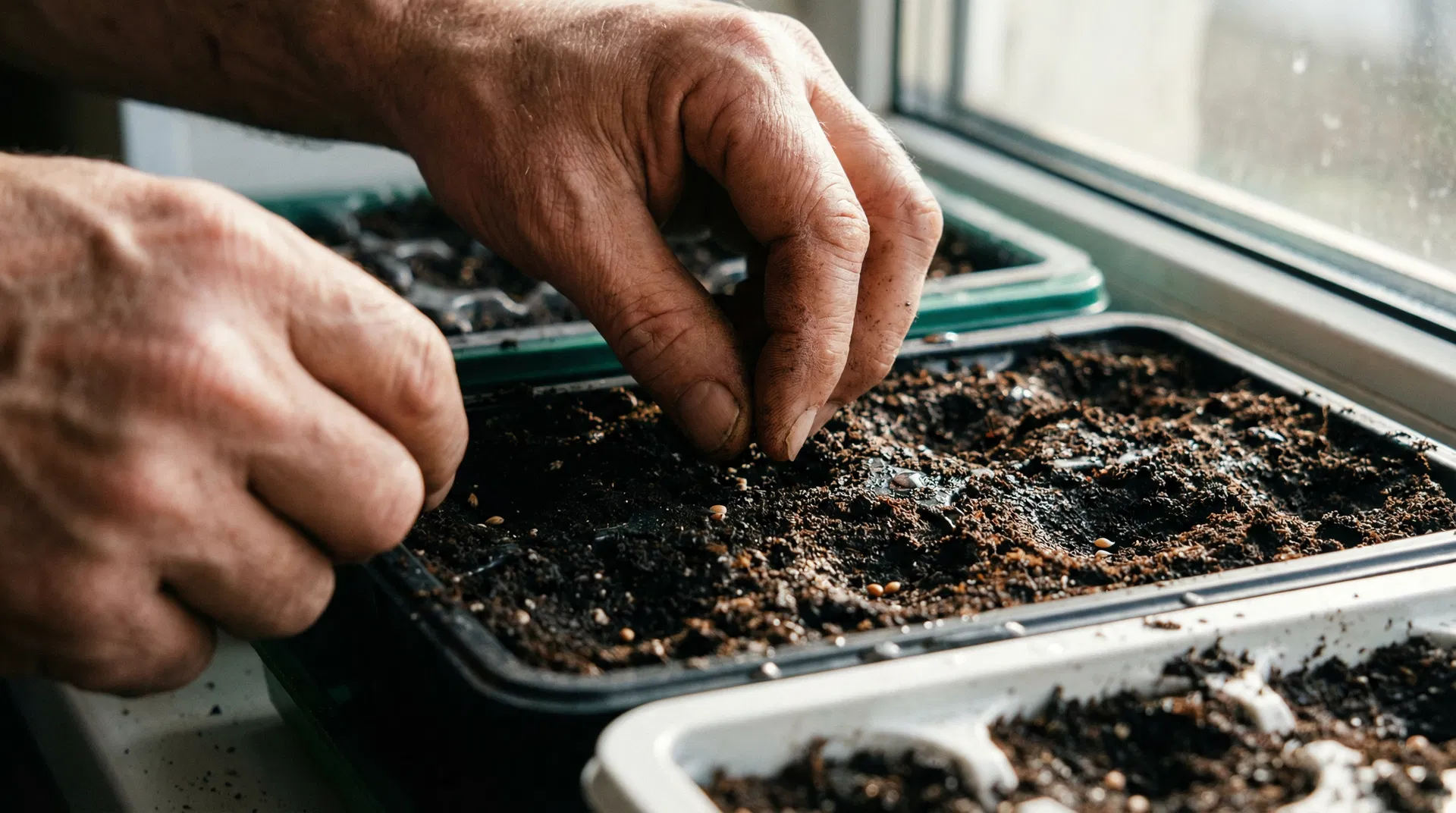 Manos sembrando semillas en semillero