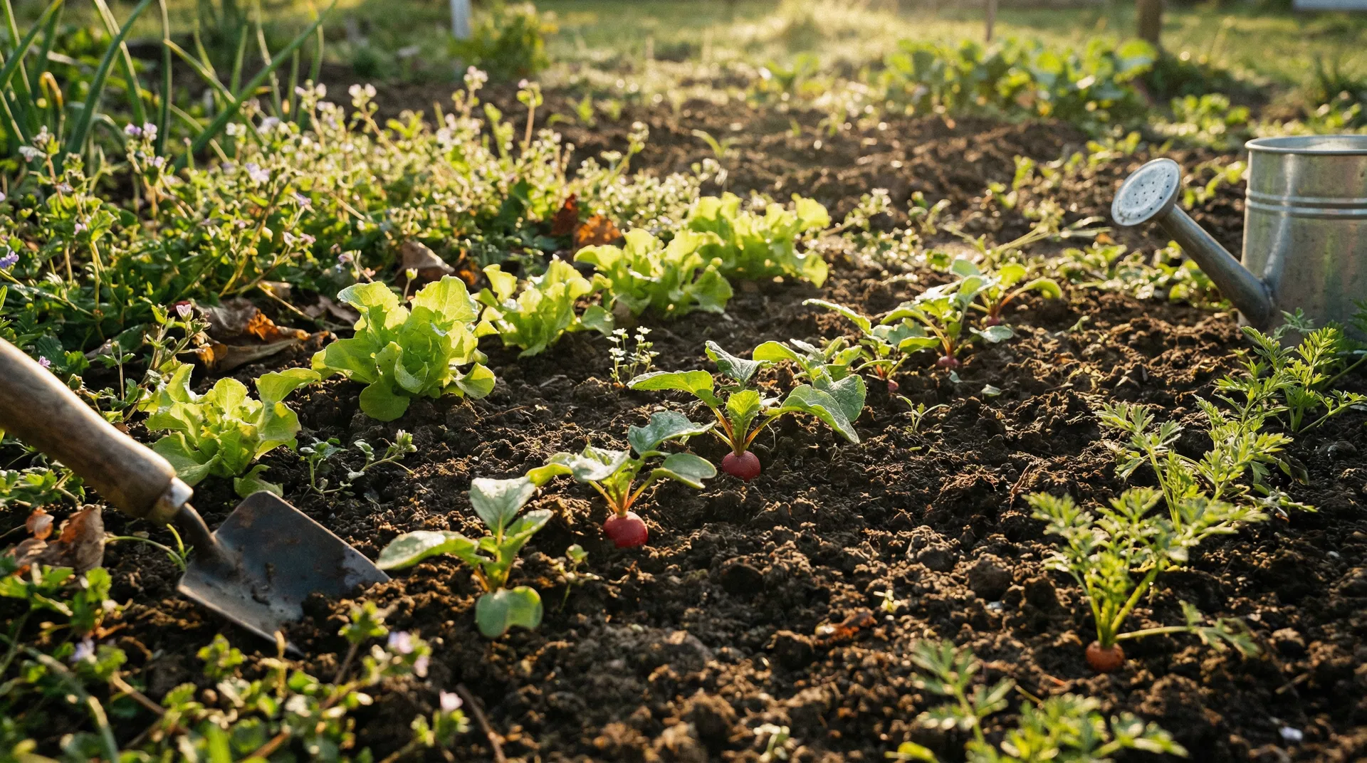 Suelo del huerto en marzo con lechugas, rábanos y zanahorias creciendo