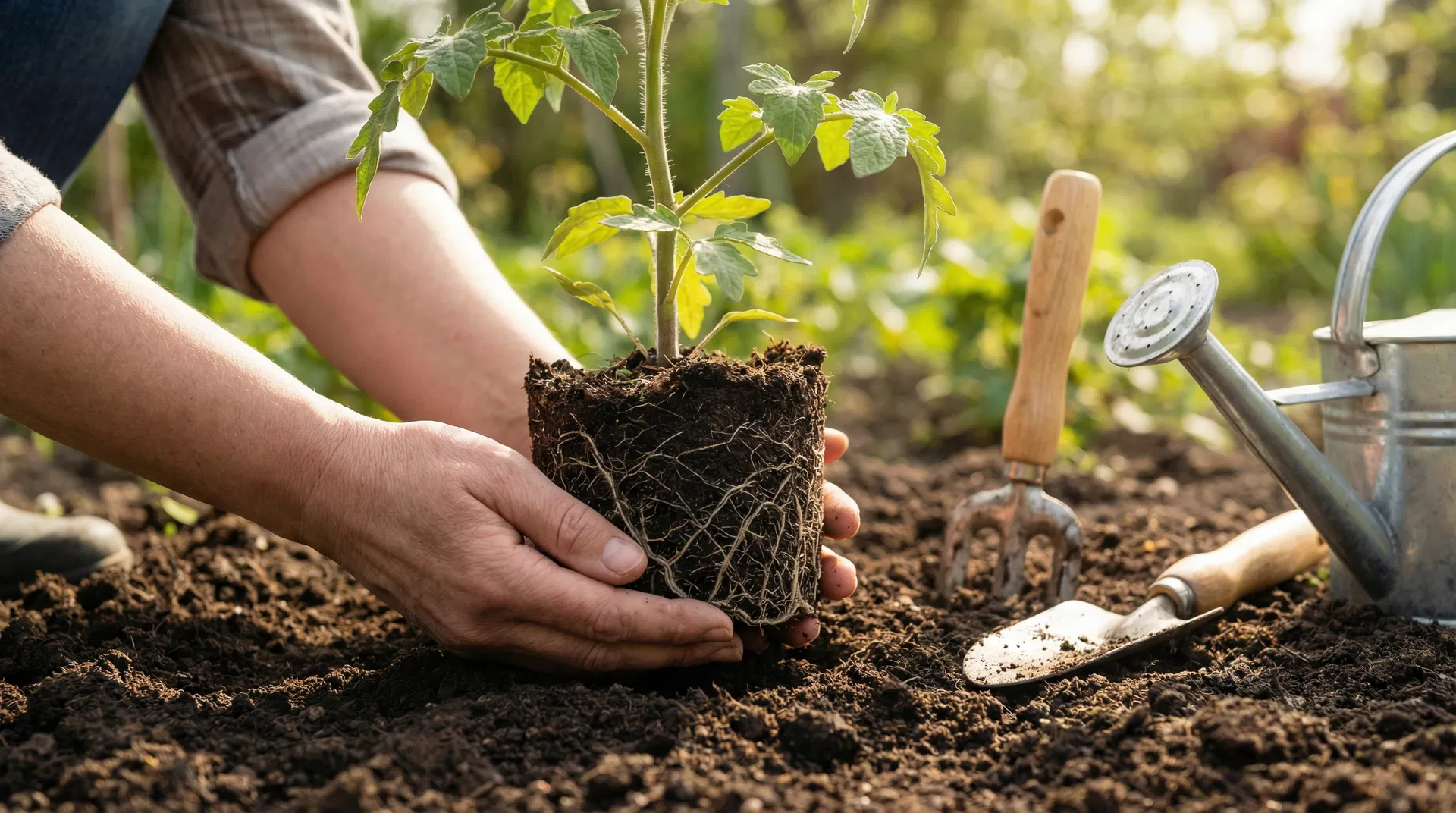 Trasplante de planta de tomate en el huerto