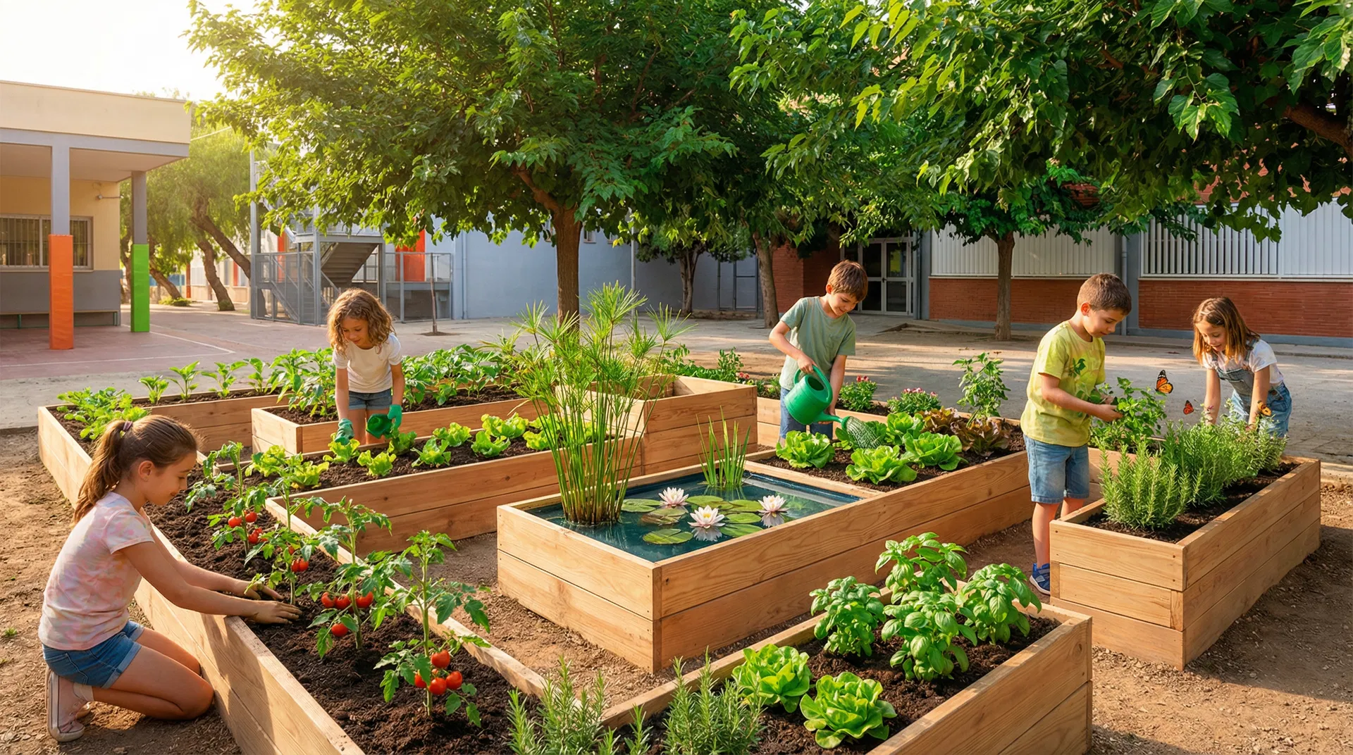 Huerto escolar con niños cultivando