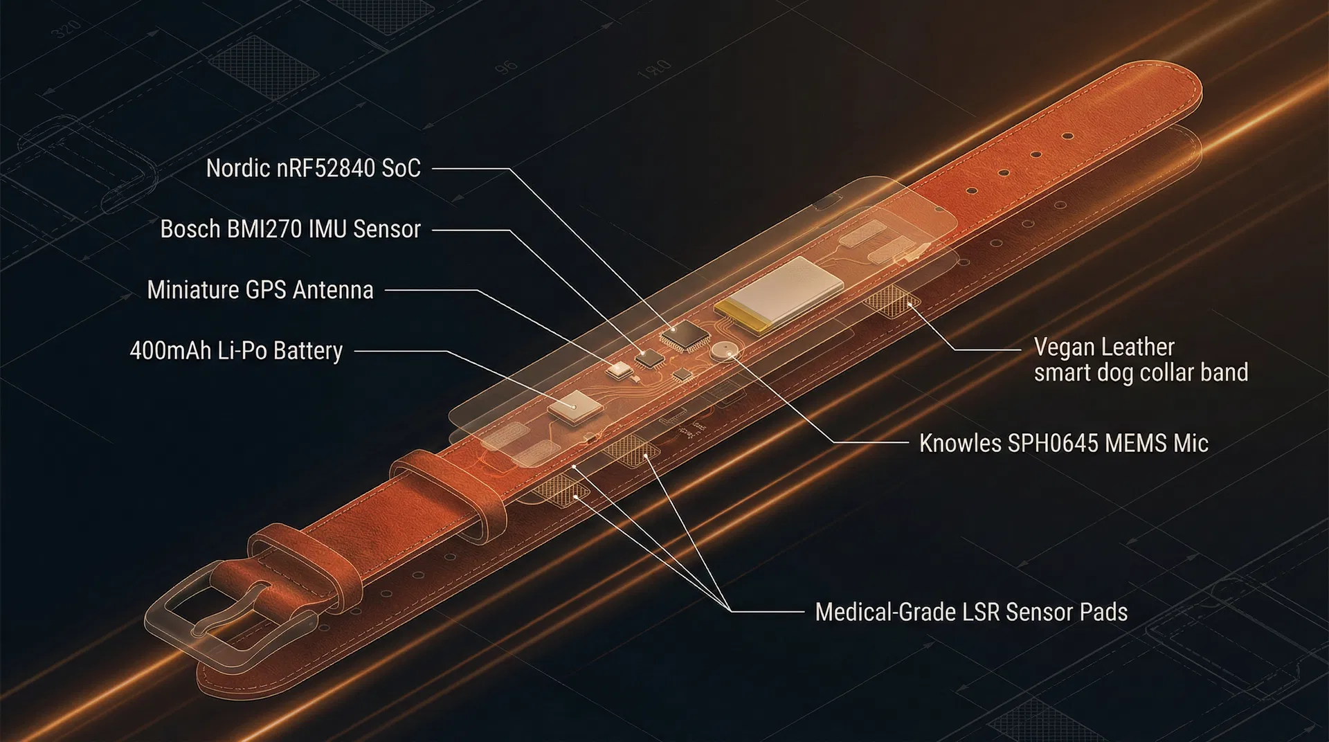 Exploded view of PawPulse smart collar showing flush-mounted module riveted into Biothane band