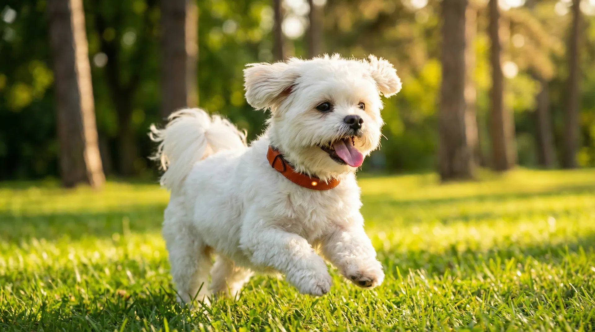 Happy dog running in a sunlit park wearing a PawPulse smart collar