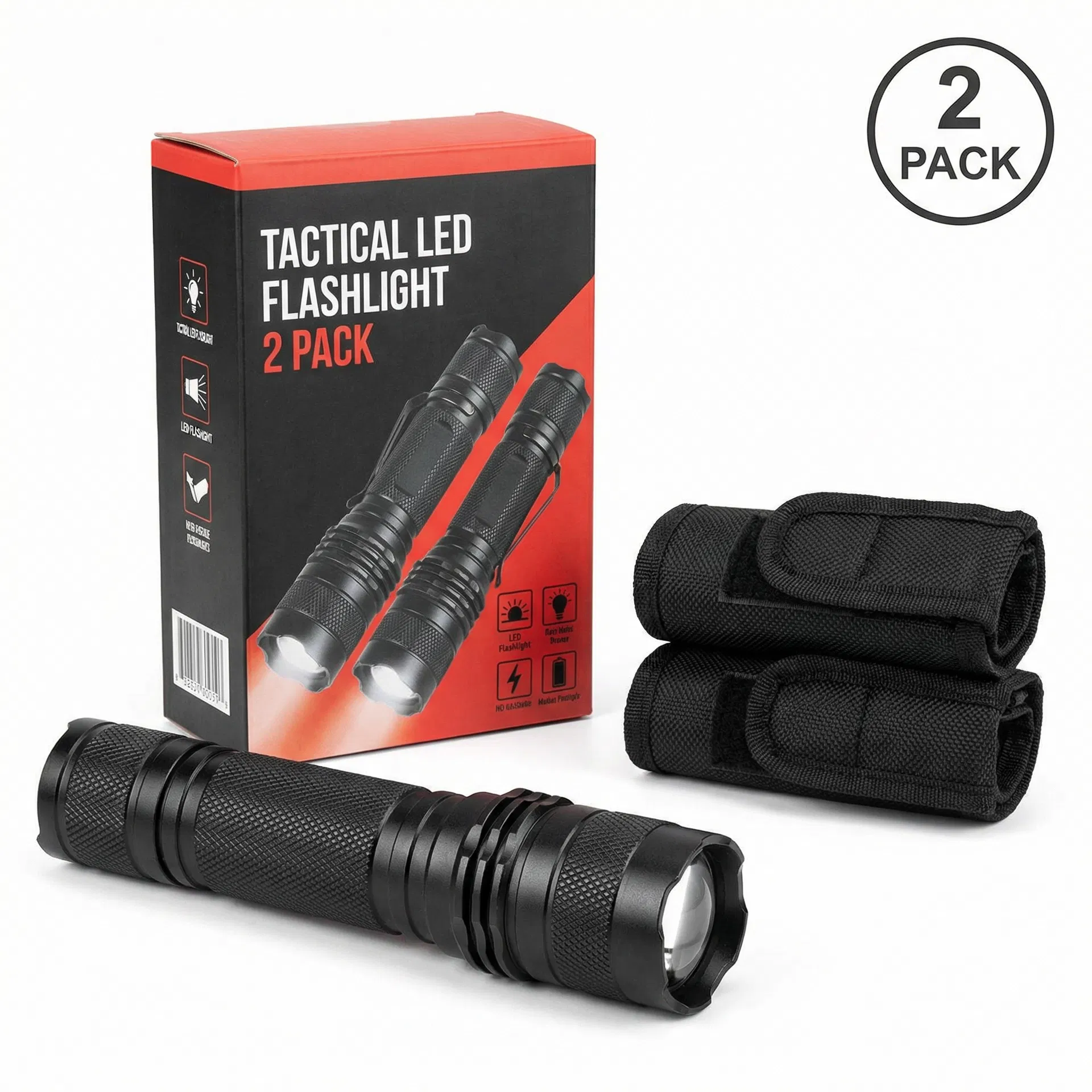 Optimized flashlight main image with packaging, accessories, and 2-pack badge