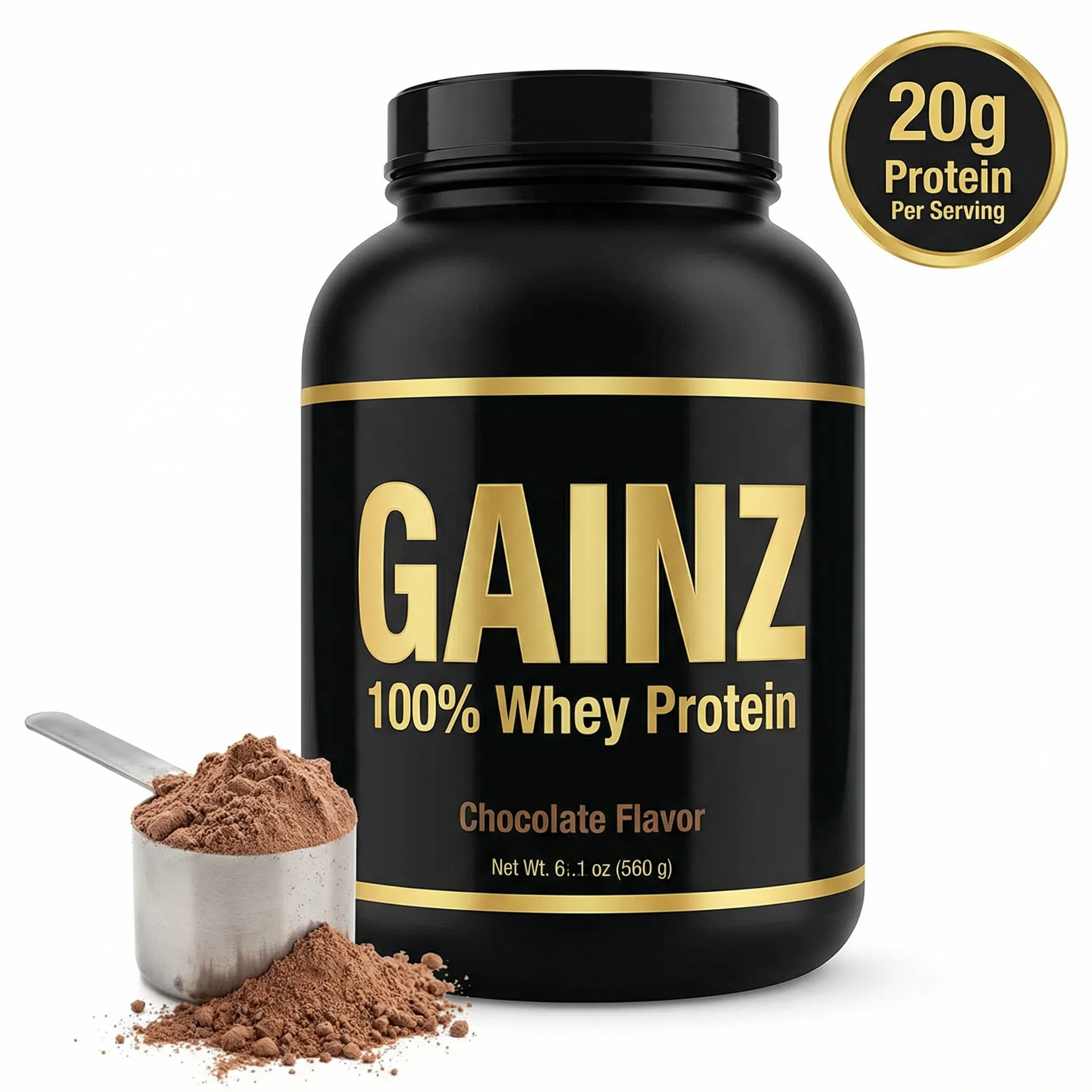 Gainz protein tub with chocolate powder scoop and 20g protein badge