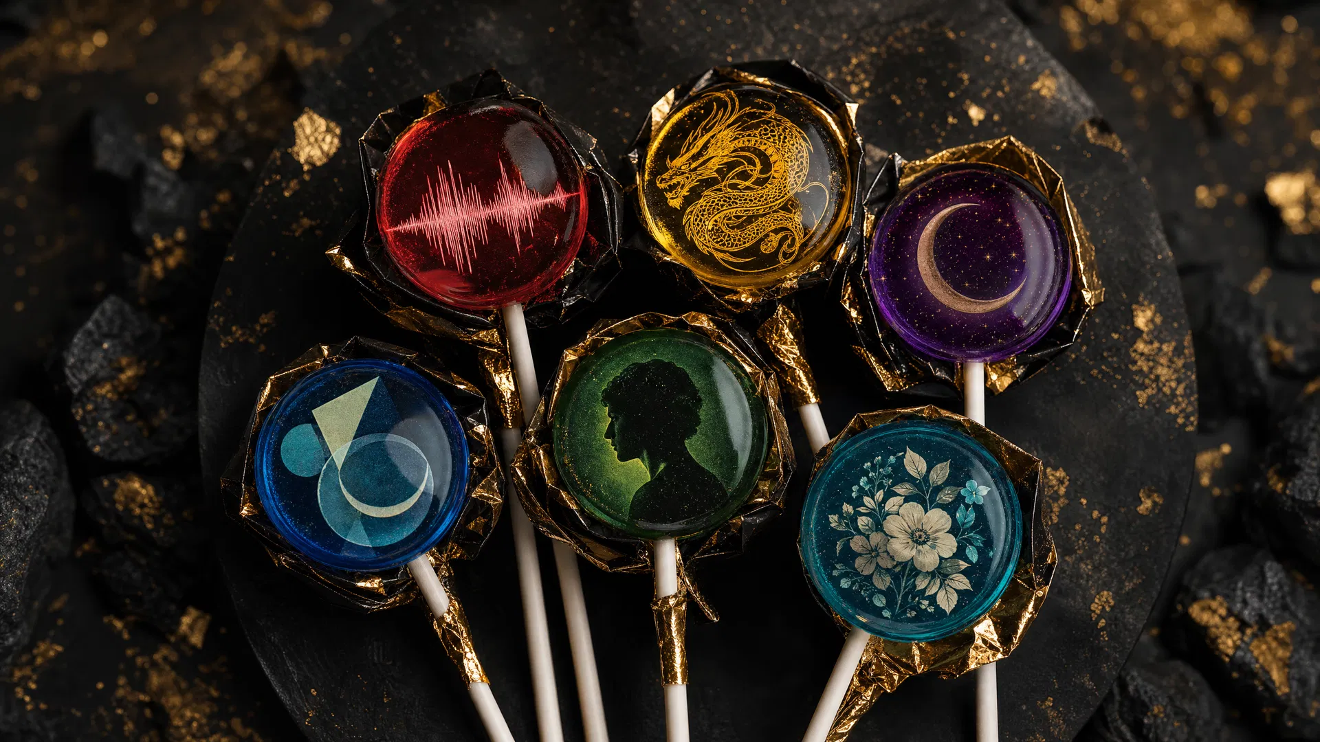 Nexus Drop — six custom lollipops with unique artwork inside each candy dome