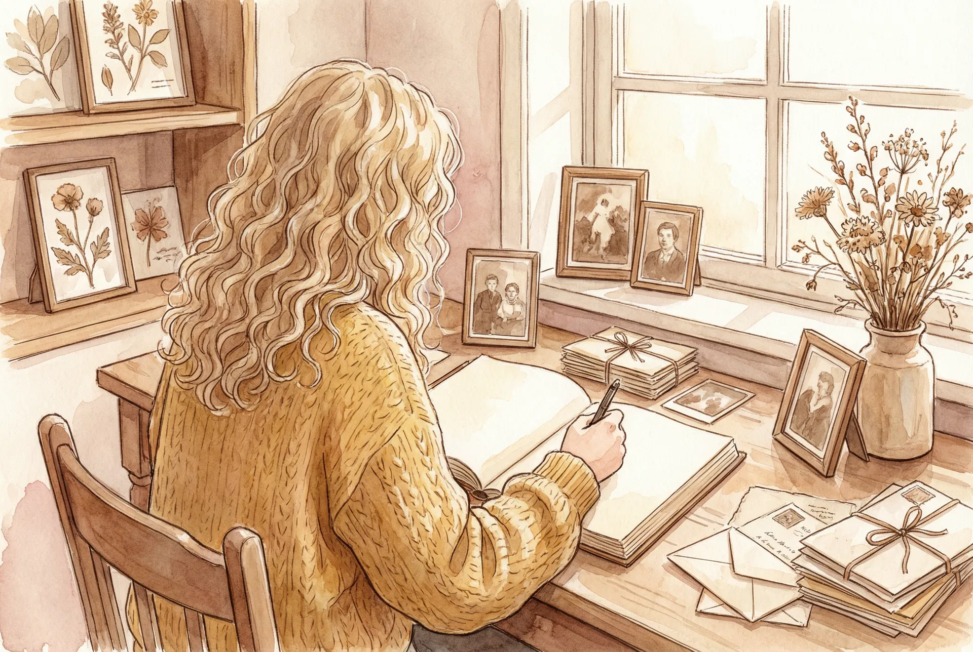 Georgia Terzakou écrivant une biographie entourée de photos de famille