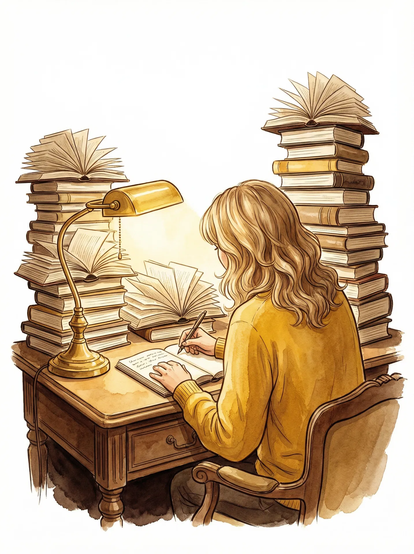 Georgia Terzakou, biographe — bureau avec livre ouvert et lampe