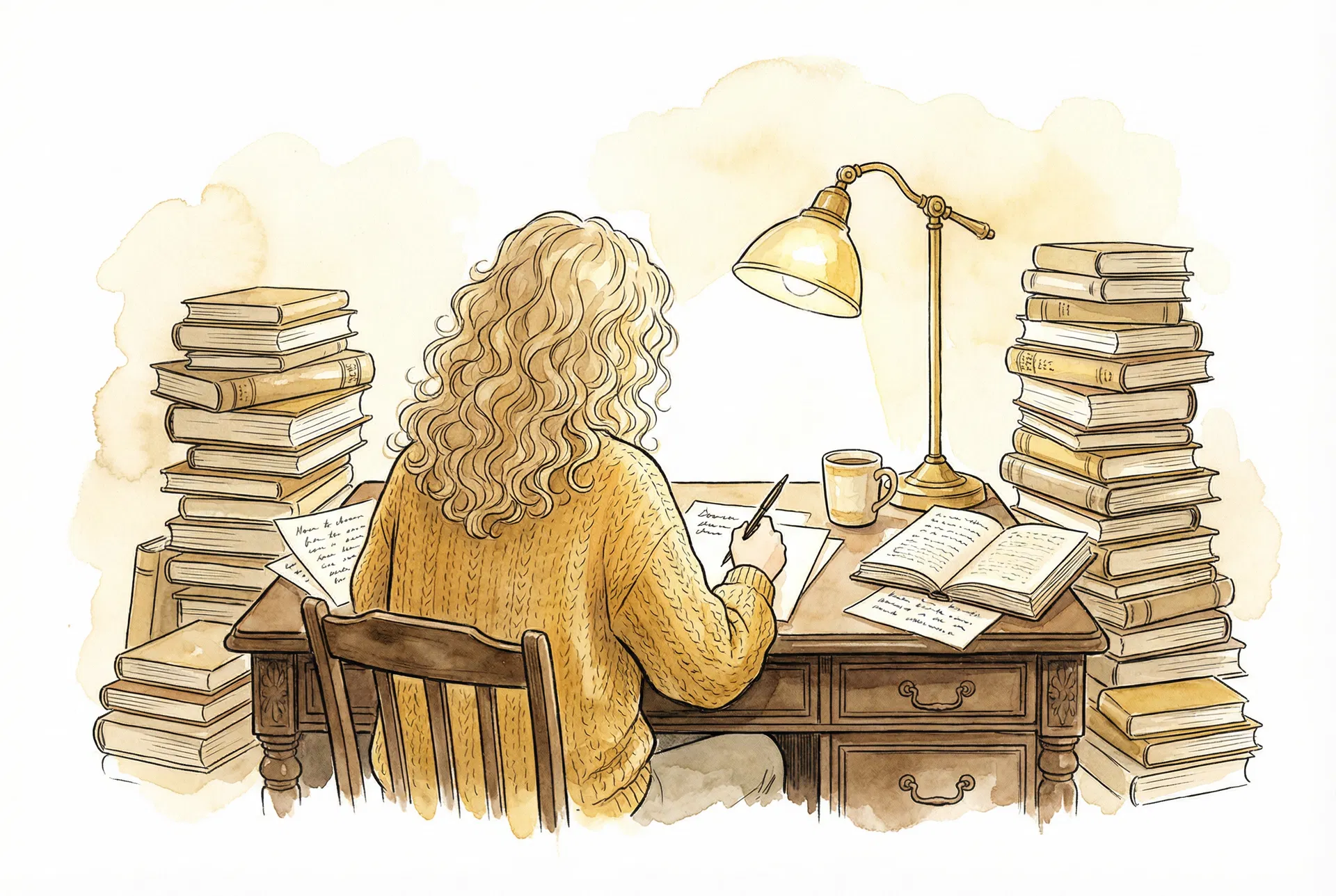 Georgia Terzakou écrivant à son bureau