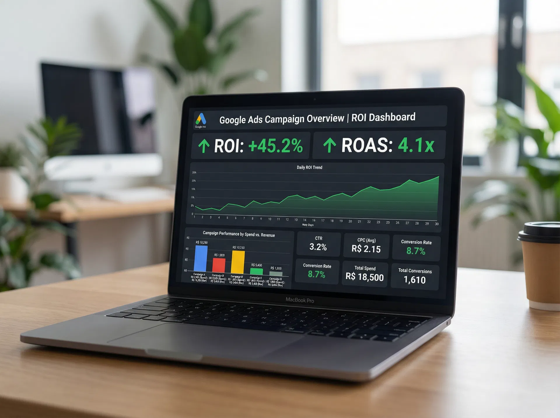 Dashboard de ROI do Google Ads com métricas de campanha