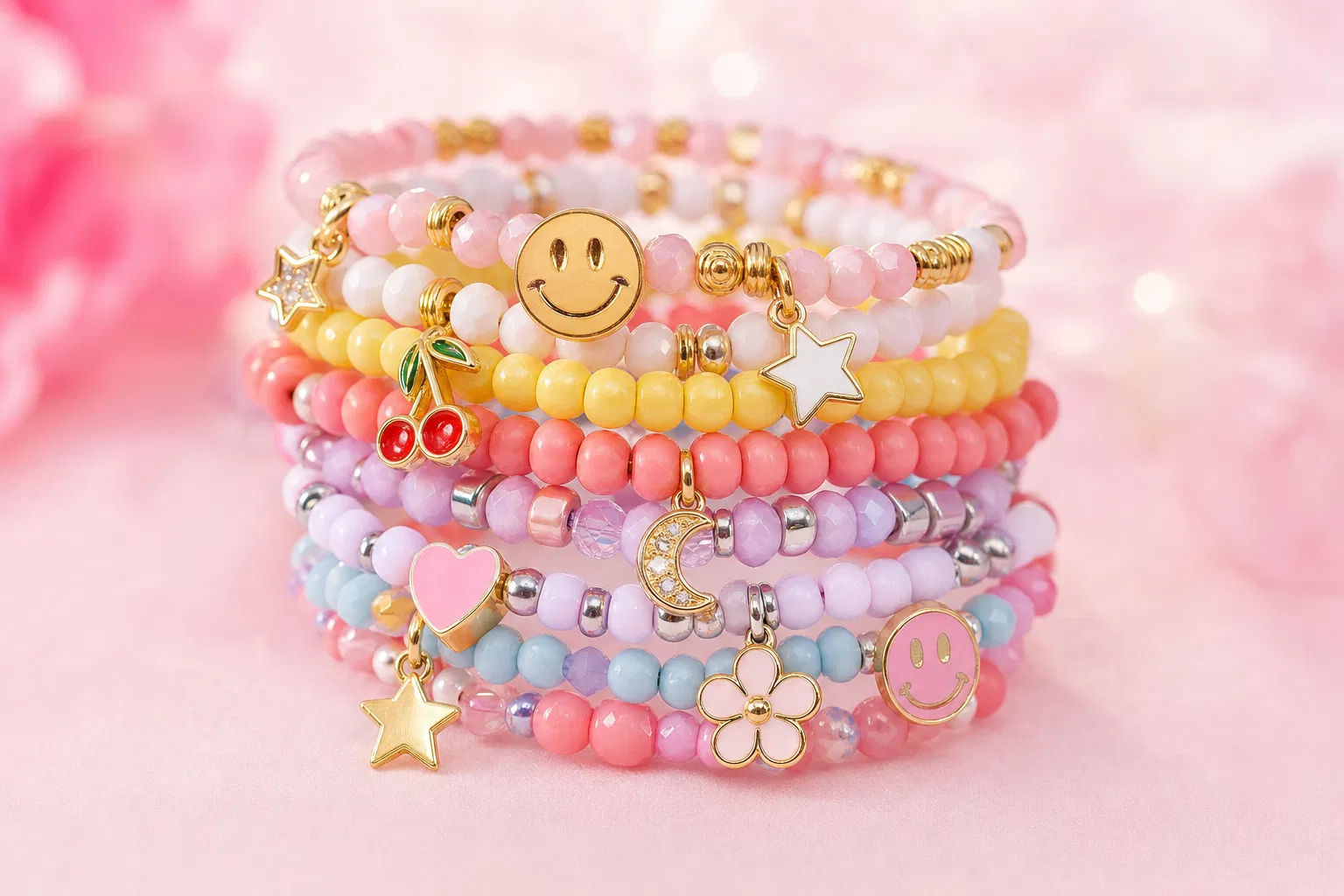 Colorful charm bracelets stacked