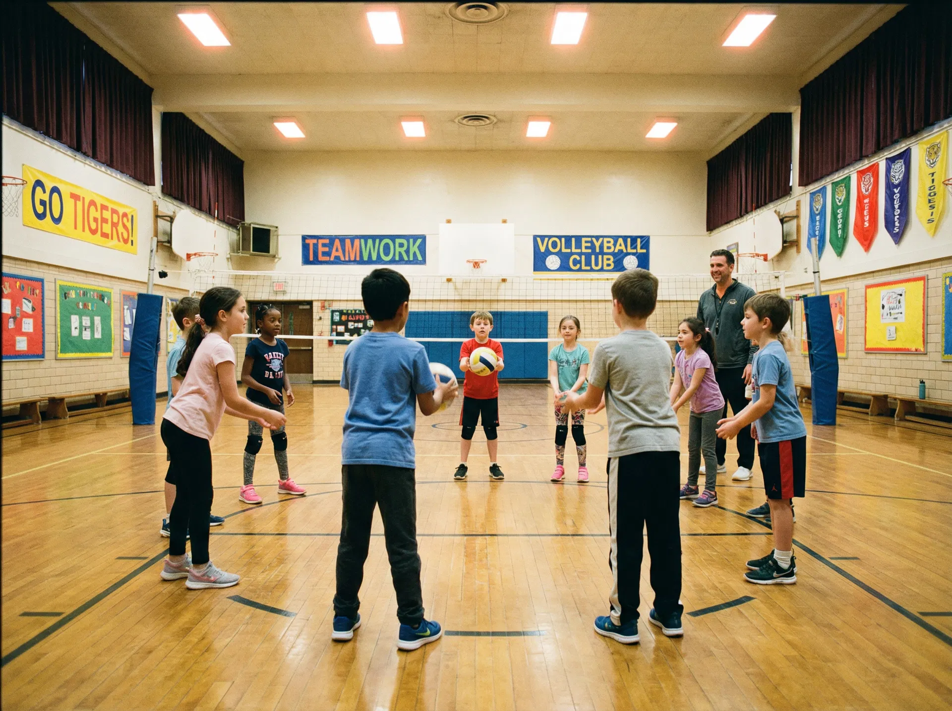 Youth volleyball after-school program in a school gym
