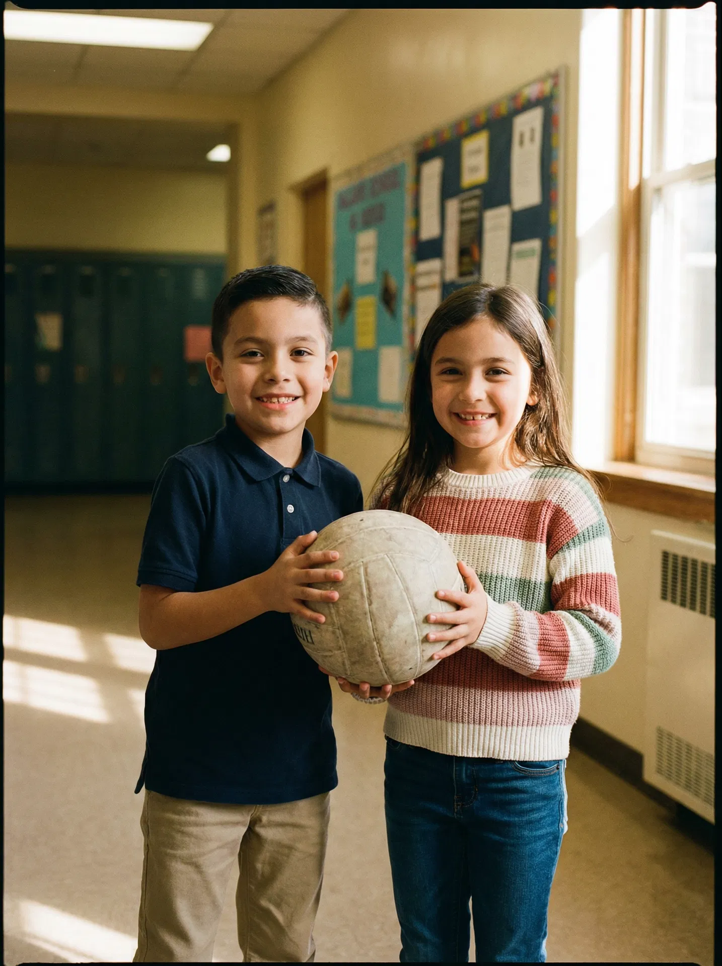 Two children smiling and holding a volleyball