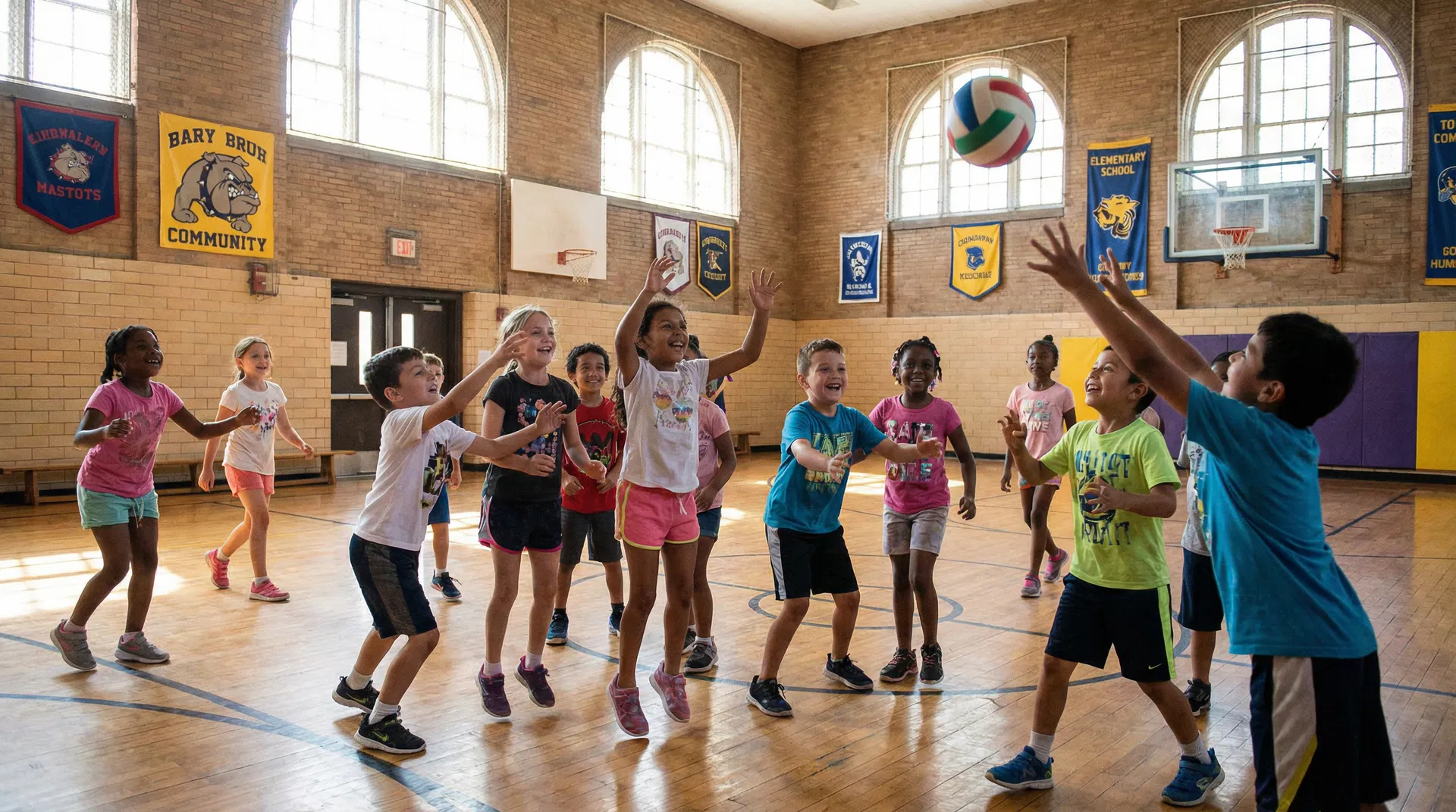 Children playing volleyball in a school gymnasium