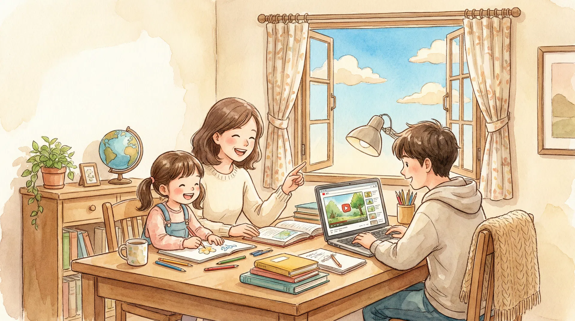 Happy family homeschooling together