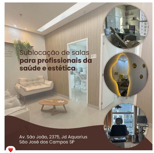Espaço completo (sala de estética ou odontológica) disponível 1x por semana (fixo) em consultório na região do Aquarius – excelente localização (próximo ao mercado Tauste, shopping Colinas)!