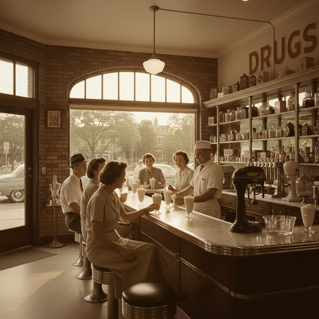 The Corner Drugstore Soda Fountain — a remembered scene