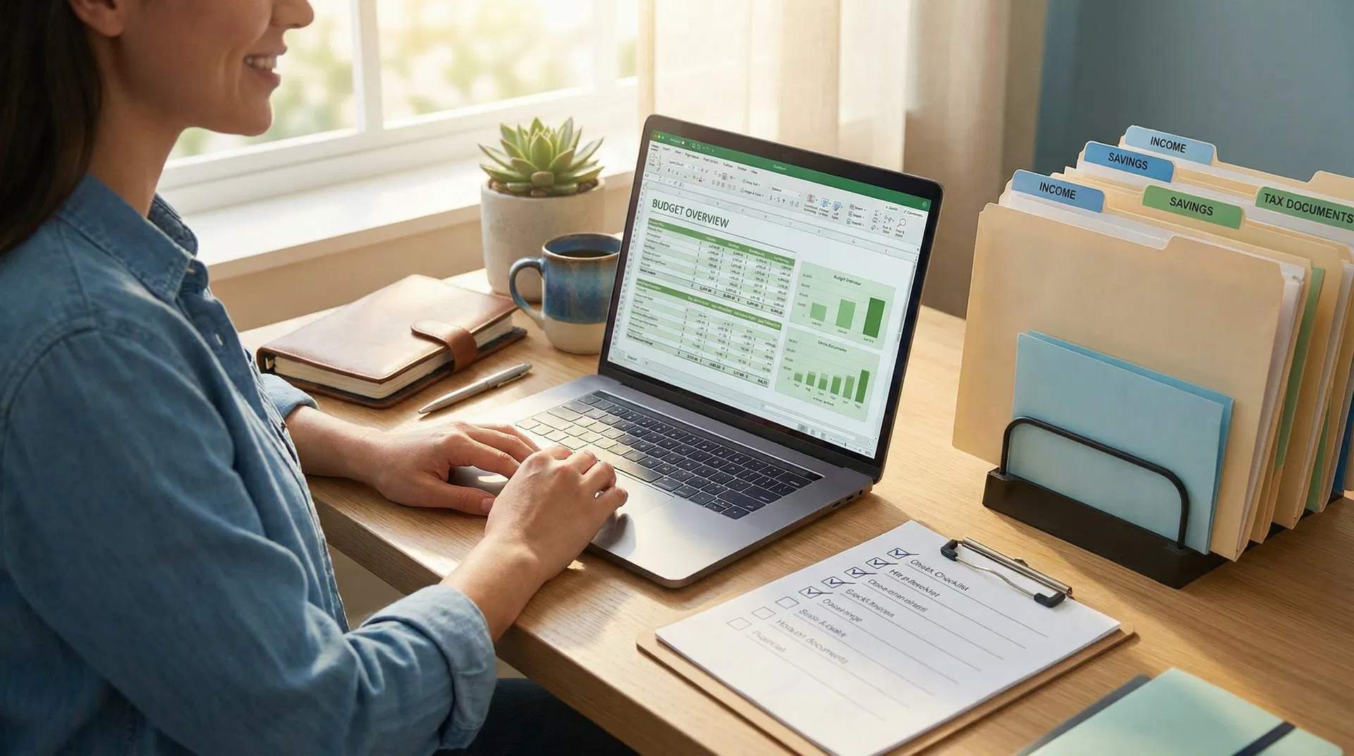 Pessoa organizada com documentos e planilha de orçamento