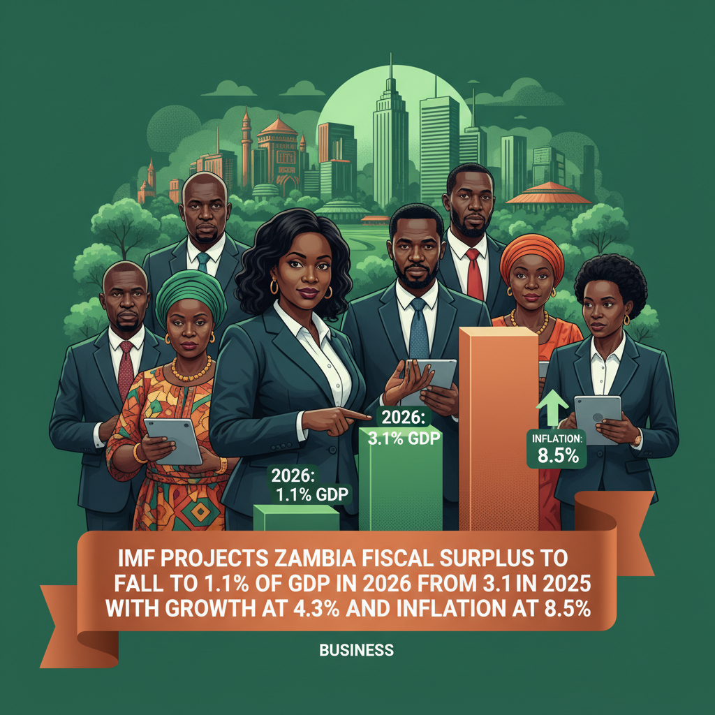 IMF Projects Zambia Fiscal Surplus To Fall To 1.1% Of GDP In 2026 From 3.1% In 2025 With Growth At 4.3% And Inflation At 8.5%