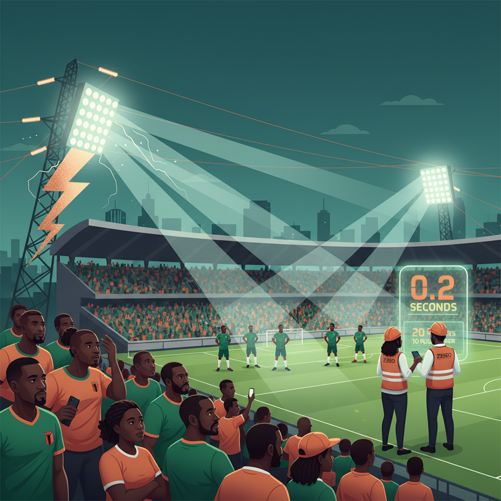 Power disturbance at Levy Mwanawasa Stadium lasted just 0.2 seconds, but the stadium’s floodlights require up to 20 minutes to return to full brightness after a power outage – ZESCO