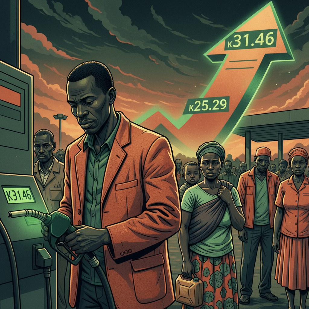 The biggest petrol rise in at least 20 months: K25.29 to K31.46 after six months of held-down prices