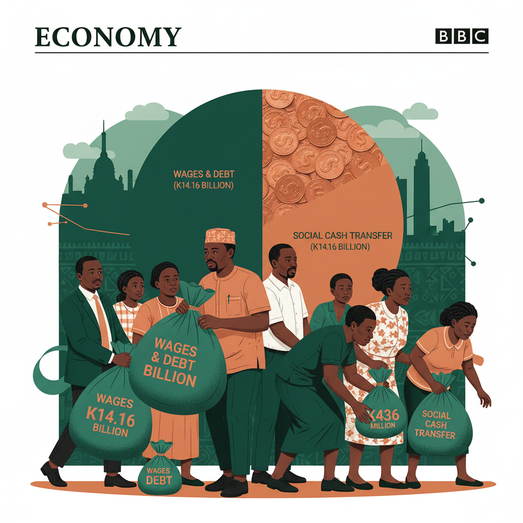 September's K14.6 billion: about three quarters went to wages and debt, K436 million to Social Cash Transfer