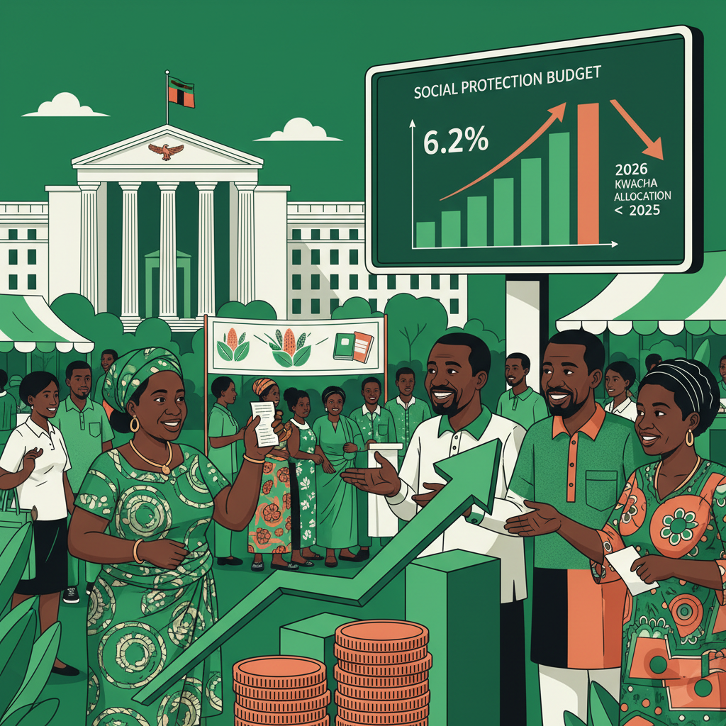 Zambia says social protection now takes 6.2 percent of the budget, up from 2.4 percent in 2020. The kwacha allocation for 2026 is lower than 2025