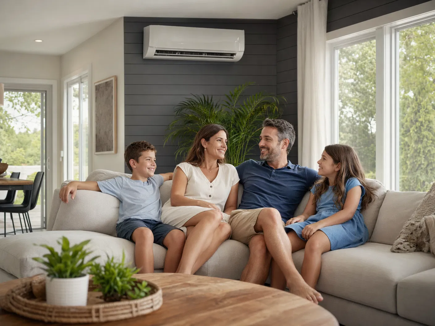 Famille confortable avec thermopompe en été