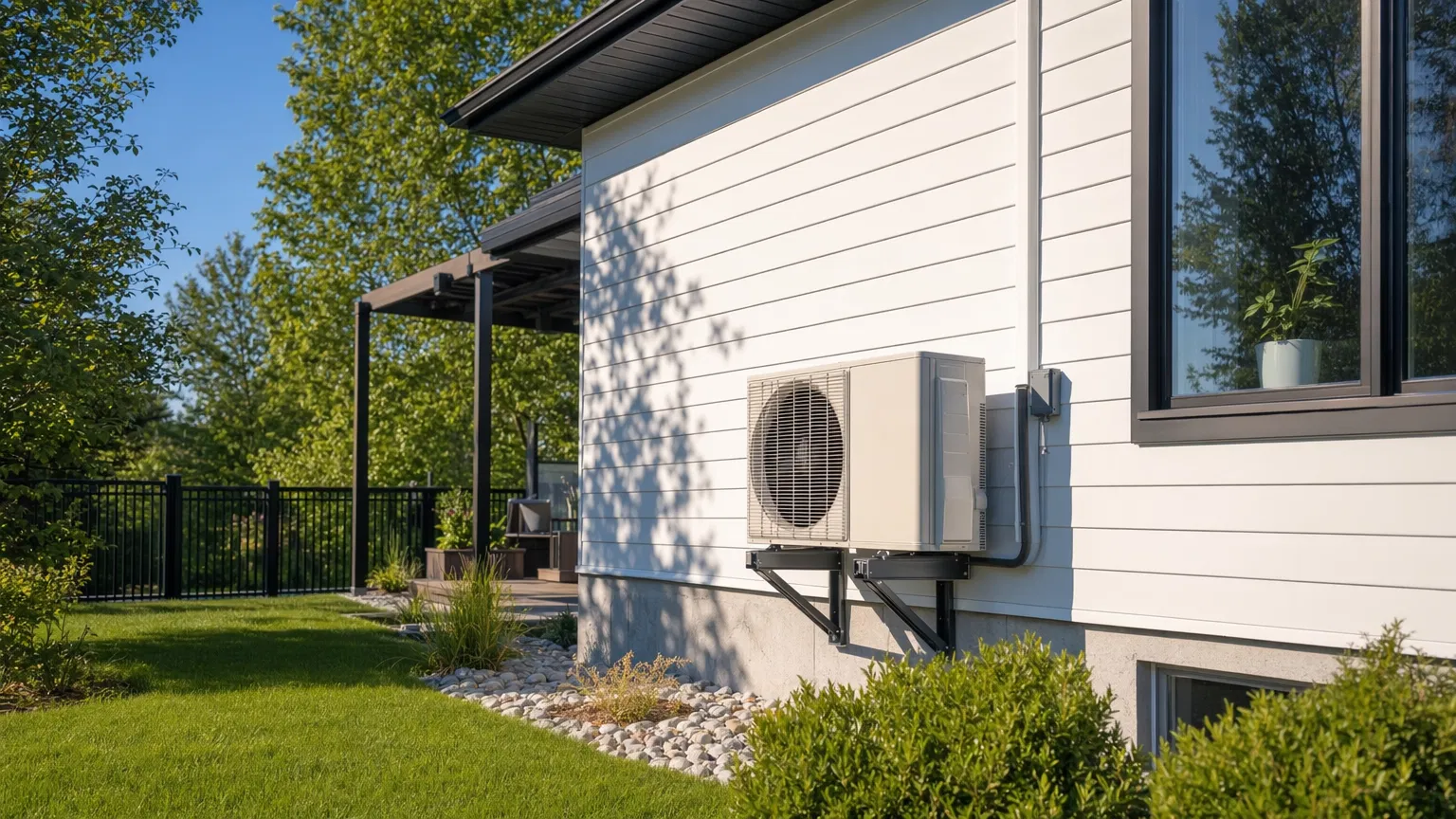 Thermopompe installée sur maison en été