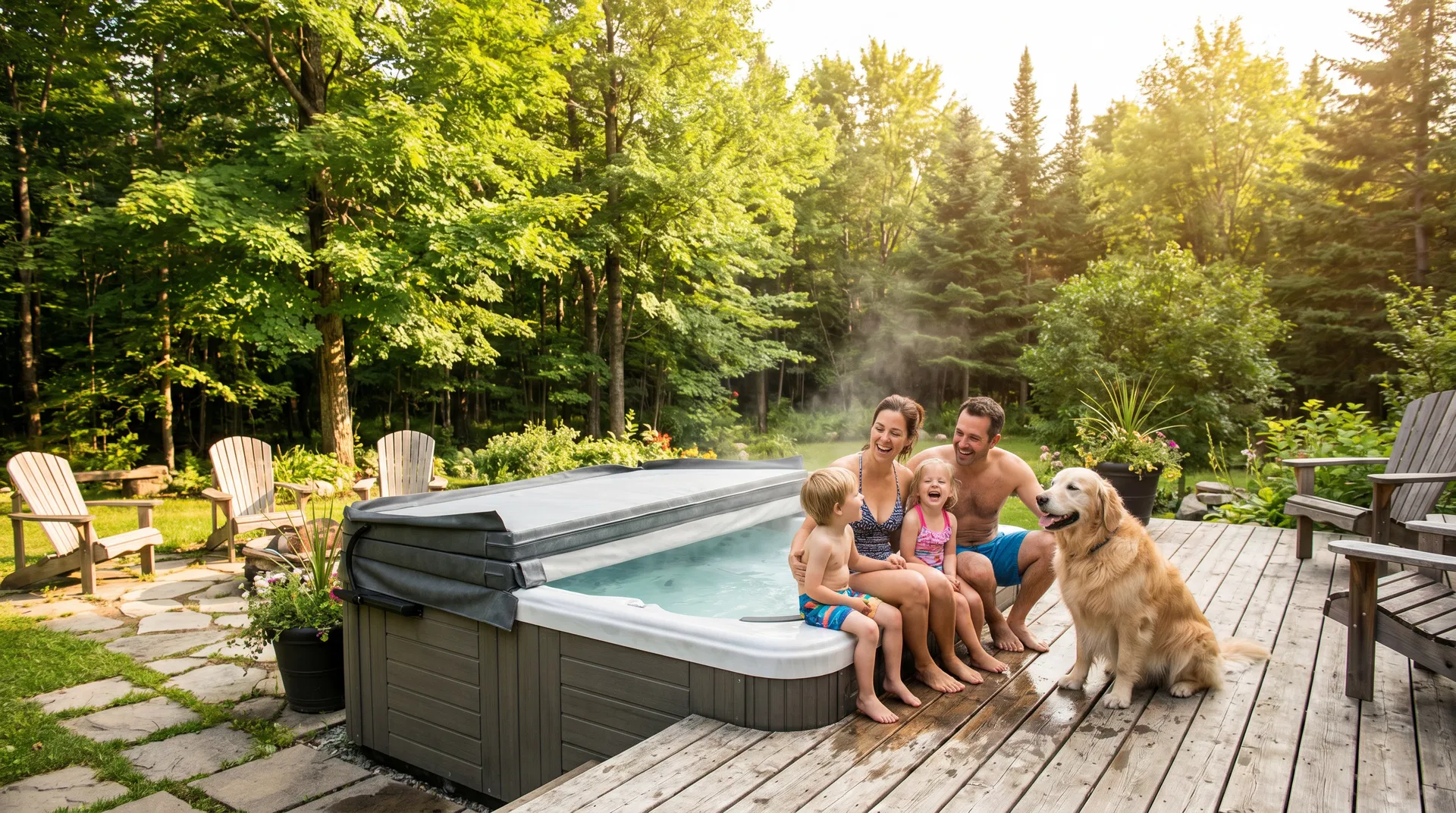 Spa au coucher du soleil, été québécois