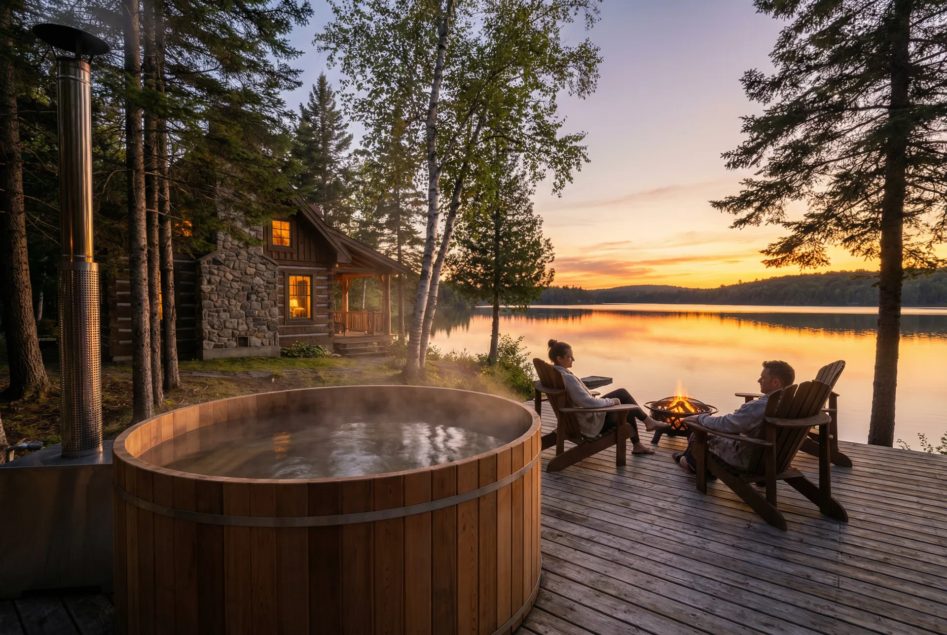 Spa au coucher du soleil, été québécois