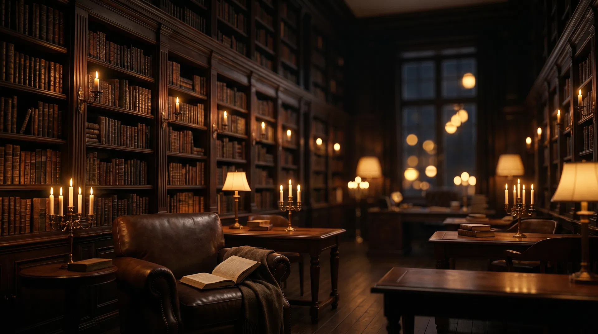 Dark library with leather armchair and warm lighting