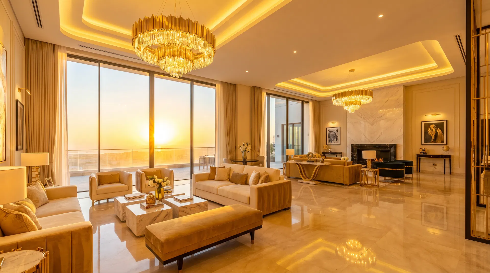 Interior luxuoso de mansão moderna ao entardecer — Mansão Growth agência de posicionamento digital