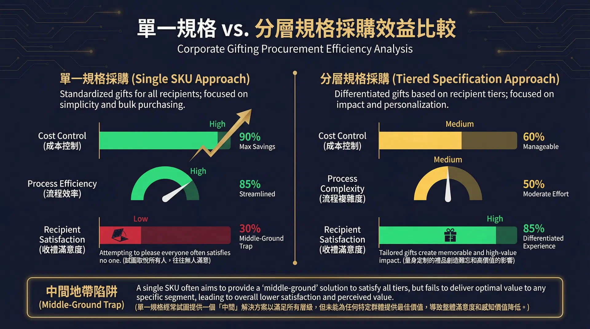 比較單一規格採購與分層規格採購在成本控制、流程複雜度與接收者滿意度三個維度的效益差異，顯示單一規格的中間地帶陷阱