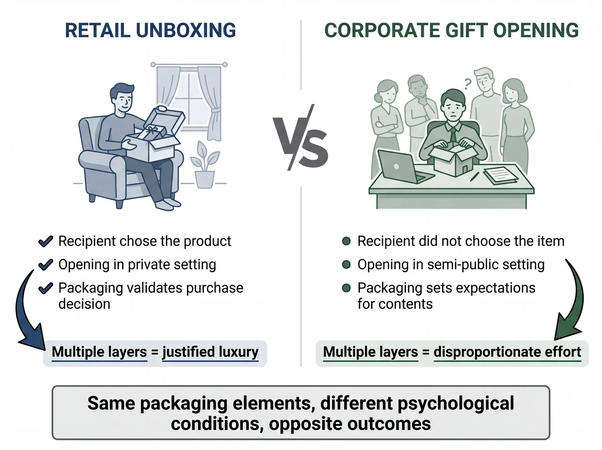 Comparison of retail unboxing context versus corporate gift opening context showing how the same packaging elements produce opposite psychological outcomes